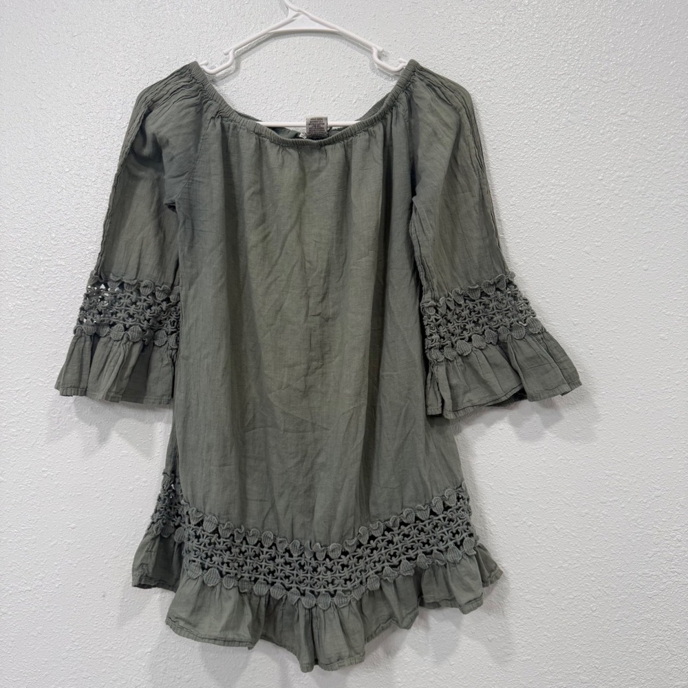 Cute Options Olive Green Cotton Crochet Lace Trim Off Shoulder Tunic Top M